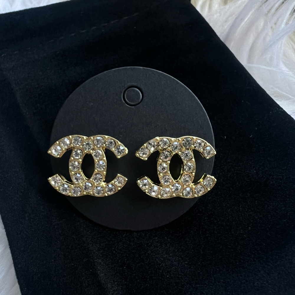 NEW Gold bling crystal Chanel designer logo stud C initial earrings